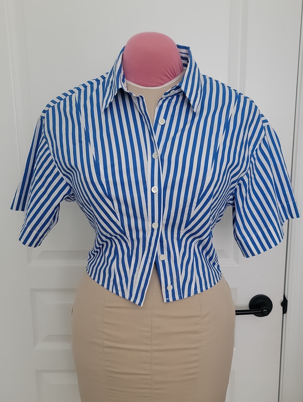 FRAME DENIM Blue and White Vertical Stripe Short-Sleeve Button-Down
